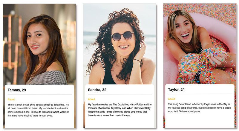 Tres ejemplos de perfiles de Bumble de mujeres que buscan encontrar una cita en Bumble.