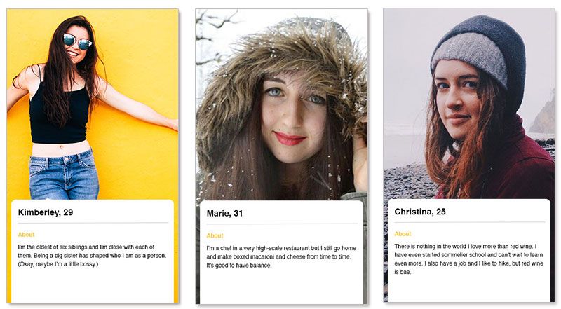 Tres ejemplos de perfiles de Bumble para mujeres de entre 20 y 30 años.