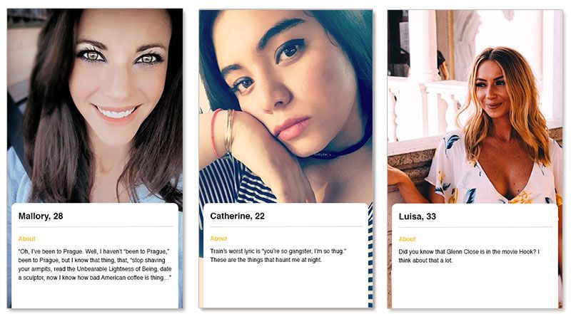 Três exemplos de perfis do bumble para mulheres que procuram alguém no aplicativo bumble.