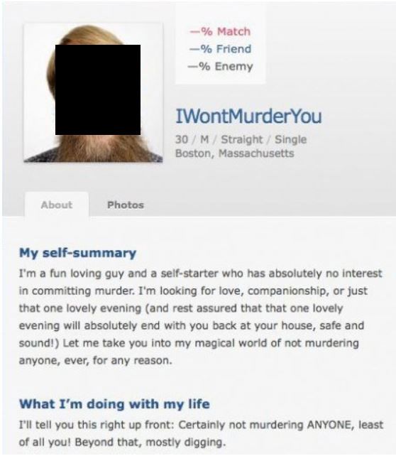 हत्या के बारे में एक मजेदार डेटिंग प्रोफ़ाइल का स्क्रीनशॉट।