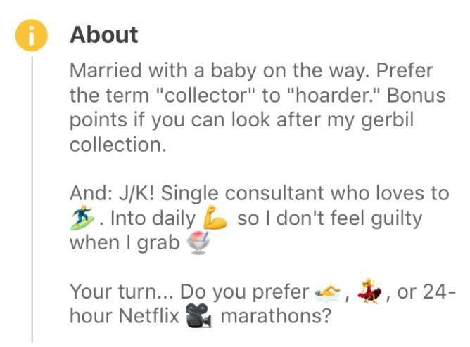Posnetek zaslona smešnega profila za zmenke s spodnjim opisom in emojiji.