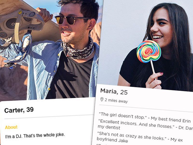 Dois exemplos de perfis de namoro engraçados de diferentes aplicativos.