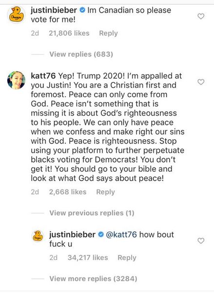 Джастин Бибер стреляет в сторонника Дональда Трампа в Instagram: «F ** k You»