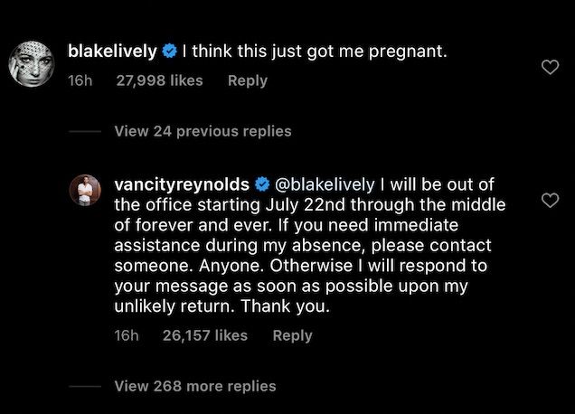 Ryan Reynolds reagerer sjovt på Kone Blake Lives graviditet Instagram-kommentar