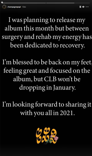 Drake retrasa el lanzamiento del álbum de enero debido a la recuperación de una cirugía