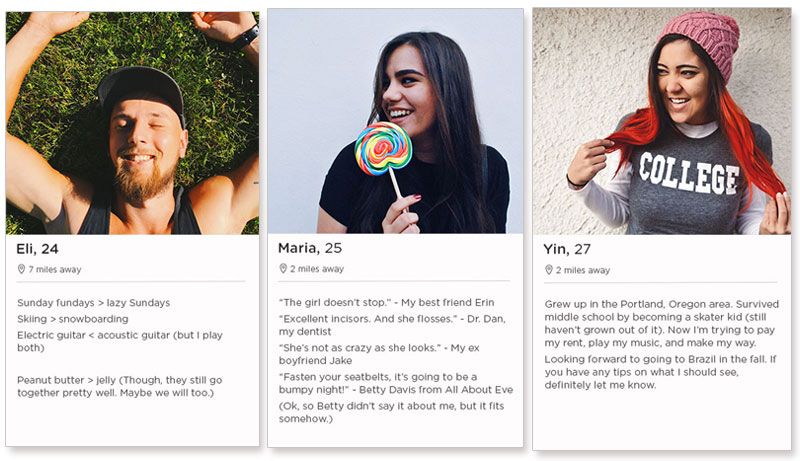 Três exemplos de perfis de namoro do aplicativo de namoro Tinder.