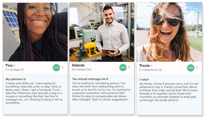 Tres ejemplos de perfiles de citas de la aplicación OkCupid.