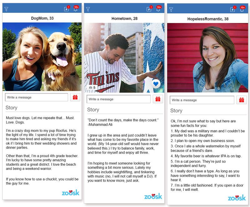 Три примера профилей знакомств из приложения для знакомств Zoosk.