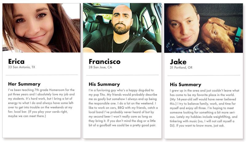 Trije primeri profila za zmenke iz aplikacije Match dating.