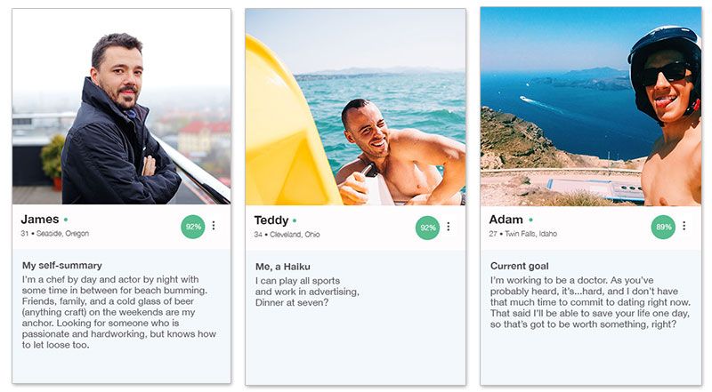 Três exemplos de perfis do OkCupid para homens com as descrições abaixo.