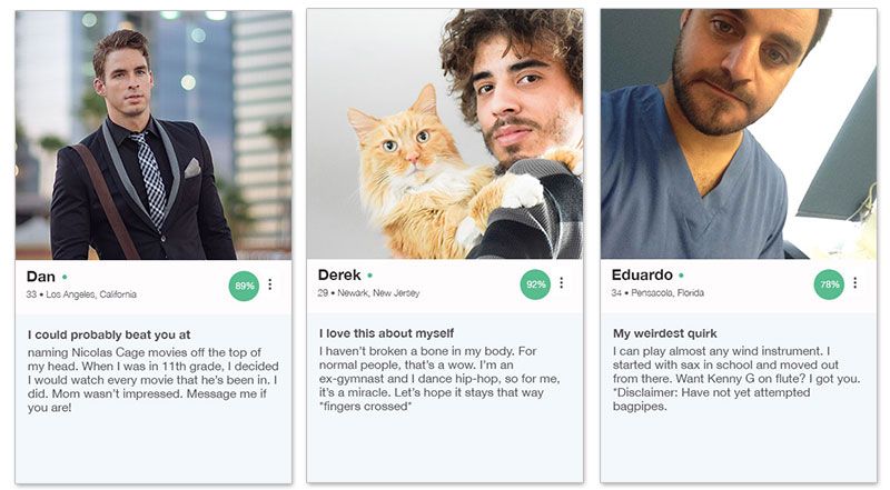 Tres ejemplos de perfiles de OkCupid para hombres con las descripciones a continuación.