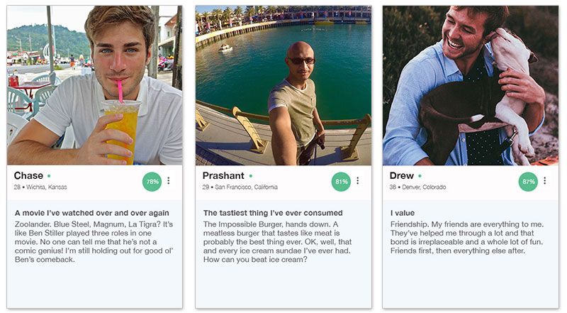 Tres ejemplos de perfiles de OkCupid para hombres con las descripciones a continuación.