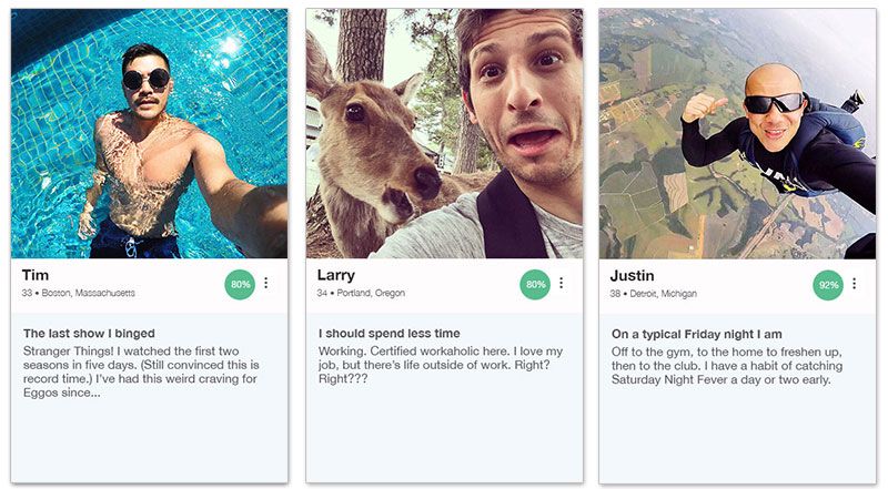 Kolme OkCupid-profiiliesimerkkiä miehille alla olevien kuvausten avulla.
