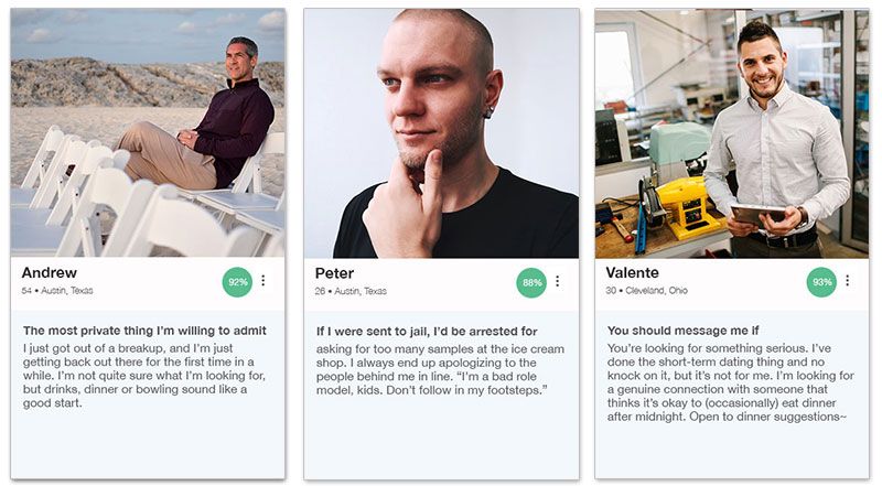 Três exemplos de perfis do OkCupid para homens com as descrições abaixo.