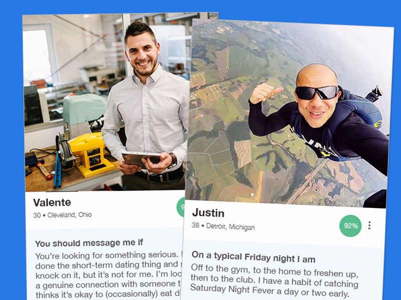 Dois exemplos de perfis do OkCupid para homens na faixa dos 30 anos.