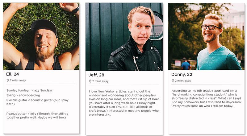 Három Tinder társkereső profil példa 20 év körüli férfiak számára.