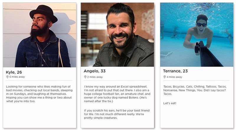 Három Tinder társkereső profil példa 20-30 év körüli férfiak számára, akik a Tinderen randevúznak.