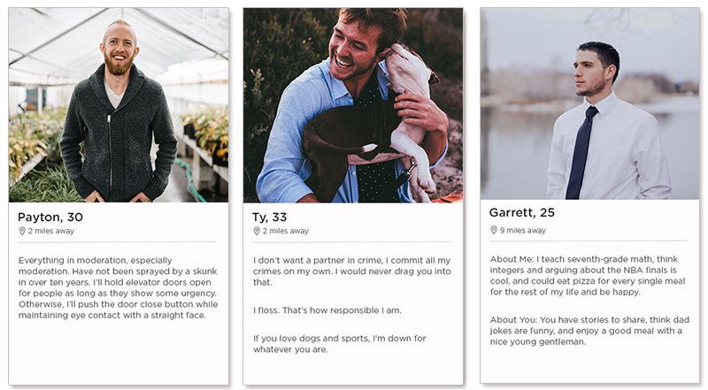 Tres exemples de perfils de cites de Tinder per a homes de trenta anys.