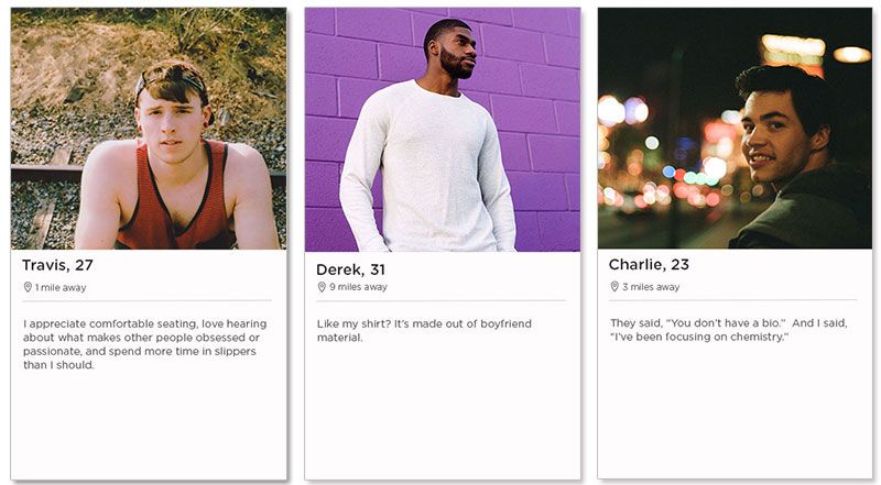 Três exemplos de perfis do Tinder para homens que estão usando o Tinder.