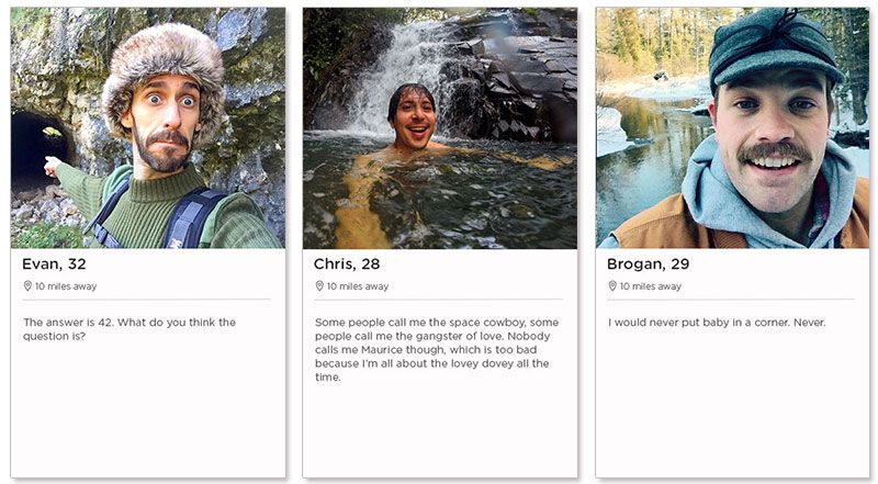 Príklady profilov z zoznamky Three Tinder pre mužov vo veku 20 až 30 rokov.