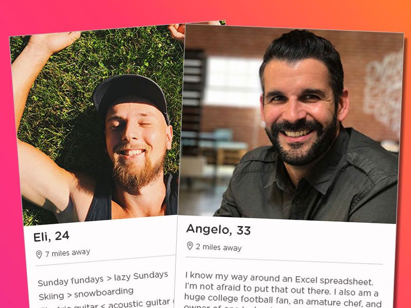 Dois exemplos de perfis de encontros para homens entre 20 e 30 anos.