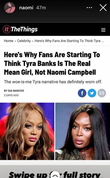 Naomi Campbell genudsender artikel, der kalder Tyra Banks 'The Real Mean Girl'