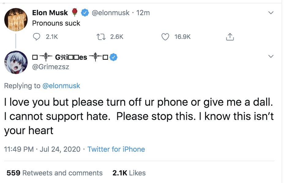 Grimes fordert Elon Musk auf, das Telefon auszuschalten, nachdem er 'Pronomen saugen' getwittert hat.