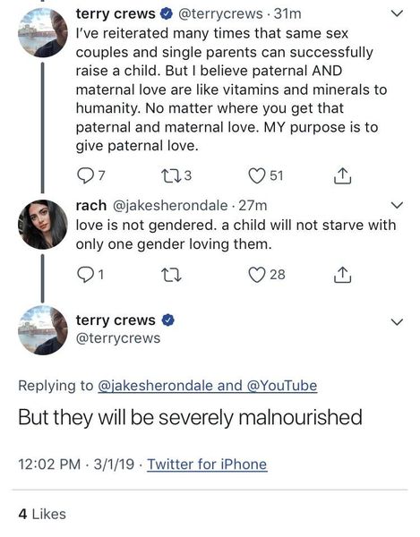 Терри Цревс се извињава након реакције због твитања тврдећи да су деца одгајана од истополних родитеља или самохраних родитеља ’тешко потхрањена’