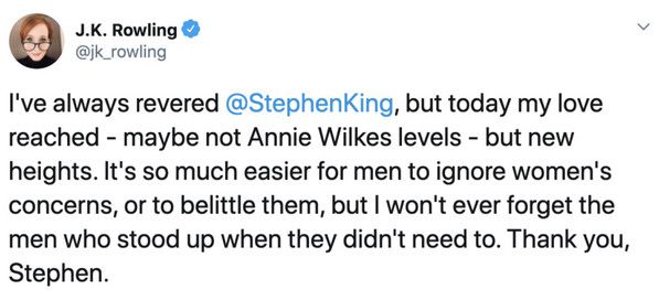 جے کے رولنگ نے ٹویٹ کو حذف کردیا اسٹیفن کنگ کی تعریف کرنے کے بعد جب وہ ‘ٹرانس ویمن ہی خواتین ہیں’۔